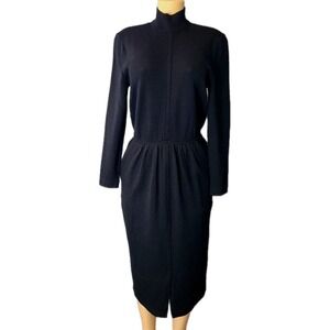 St. John Black Wool Santana Knit Midi Luxury Pencil Dress Size 6 Minimalist